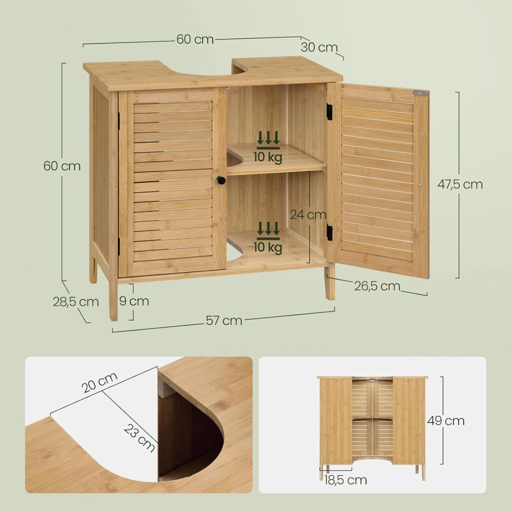 Mobile Da Bagno In Bambù, Base Con Ritaglio Per Sifone 20x23 cm, Armadio Indipendente Con Ante a Griglia e Ripiano Regolabile, 60x30x60 cm