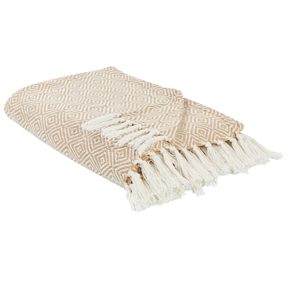 Copriletto in cotone beige 200 x 220 cm con nappe Soggiorno Camera da letto Tessili