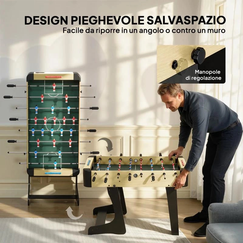 CALCIO BALILLA PIEGHEVOLE CON IMPUGNATURE ANTISCIVOLO, 2 PALLINE E SEGNAPUNTI, VERDE E COLOR LEGNO