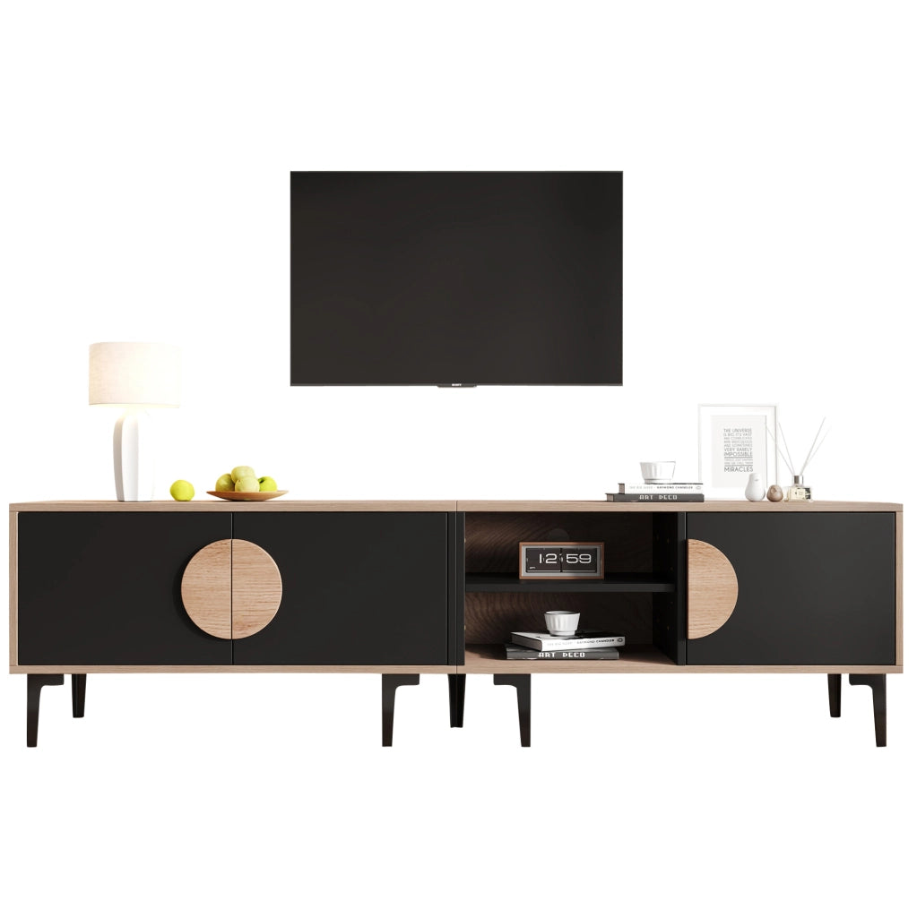 Mobile TV 180x35x49 cm con 3 ante e 2 vani aperti in truciolato naturale e nero