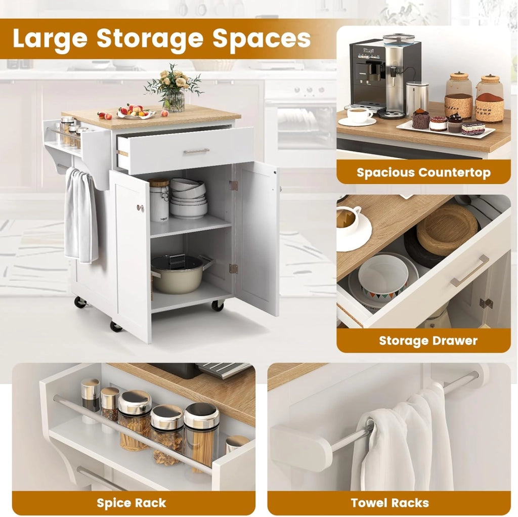 Carrello Portavivande con Cassetto, Portaspezie e Portasciugamani, Carrello Cucina con Ruote, Isola con Ripiano Regolabile per Sala da Pranzo, 83 x 48 x 91 cm, Bianco