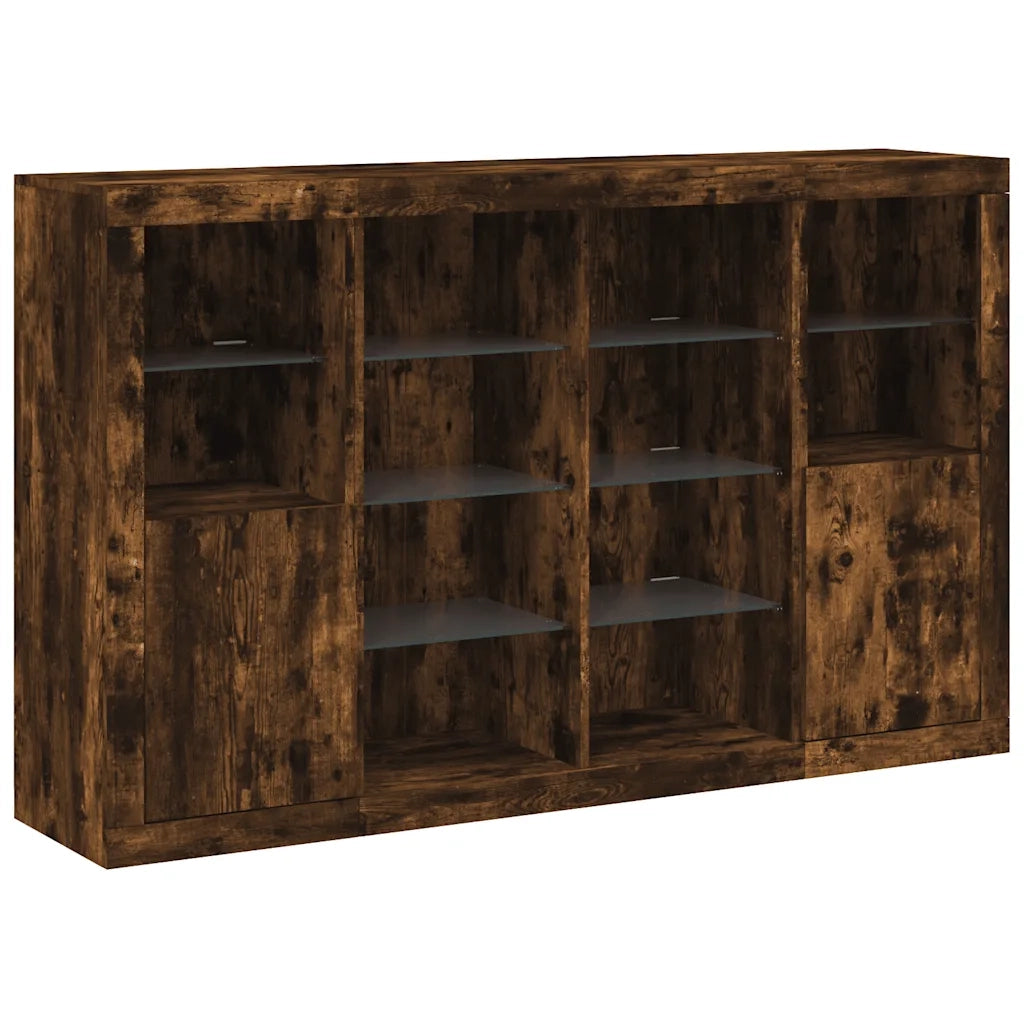 Credenze con Luci LED 3 pz Rovere Fumo in Legno Multistrato 3209139