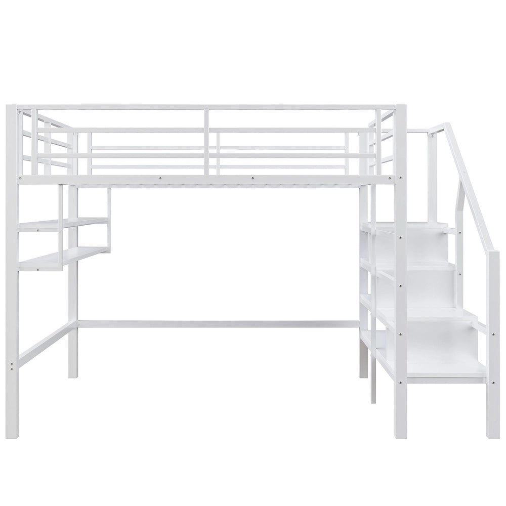Letto a Soppalco 140x200 ¨C MINIMAL ¨C Bianco, con Scaletta Contenitore e Rete a Doghe, senza Materasso