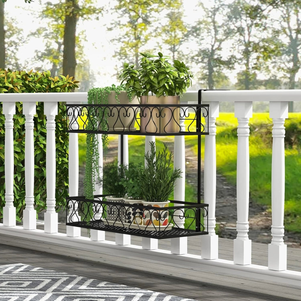 Porta Piante a 2 Livelli, Portavasi da Appender con Ganci Regolabili da 5,5-12,5 cm, Porta Fiori in Metallo da Esterno per Balcone e Recinto, Carico Massimo 30kg, Nero