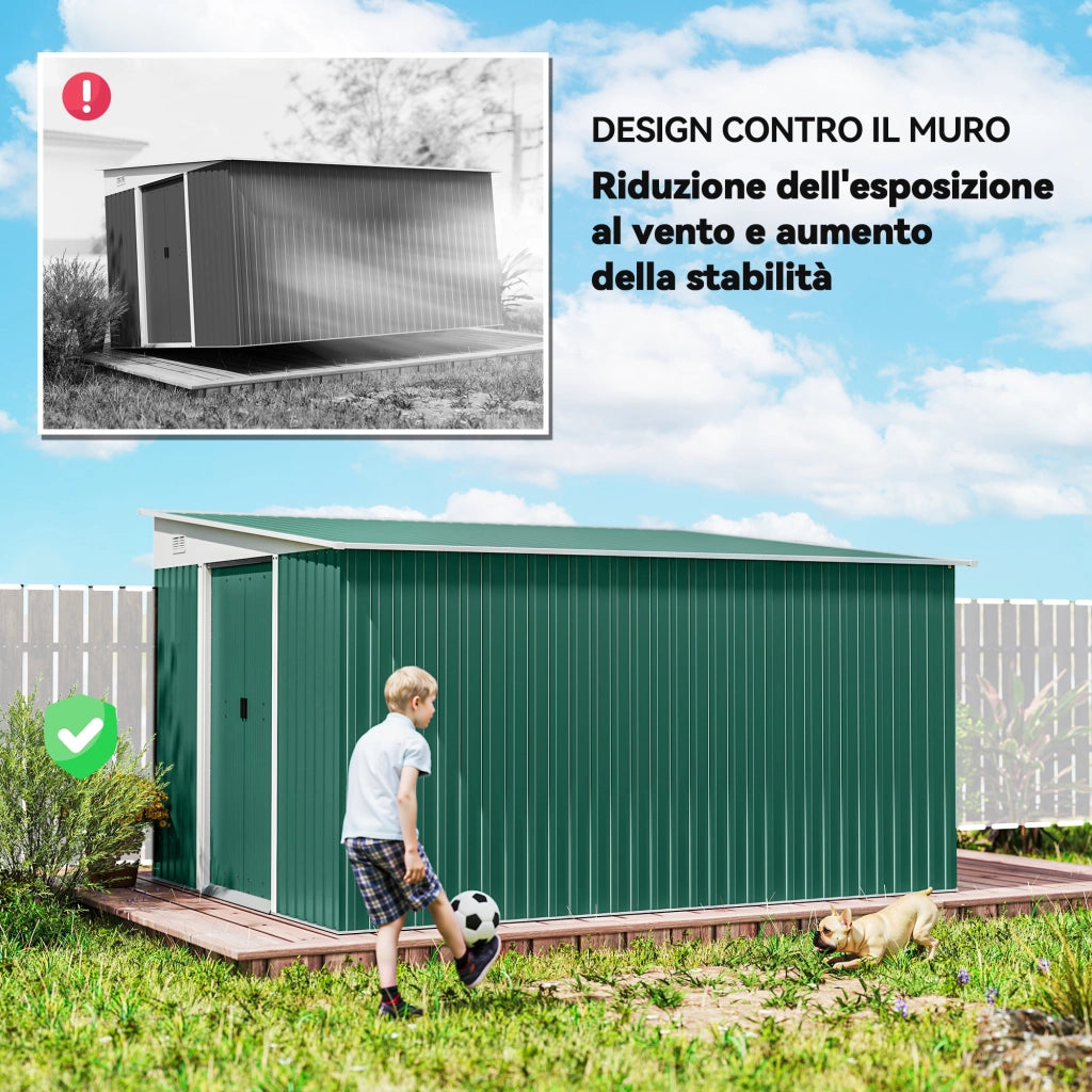 Casetta da Giardino con Porta Scorrevole, in Acciaio, 345x280.5x169-201cm, Verde