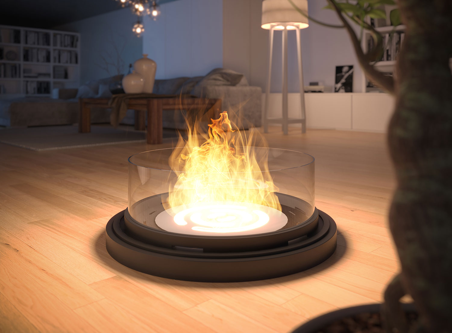 Camino a Bioetanolo da Pavimento Ø80 cm con Finta Canna Fumaria Inround Nero con Vetro