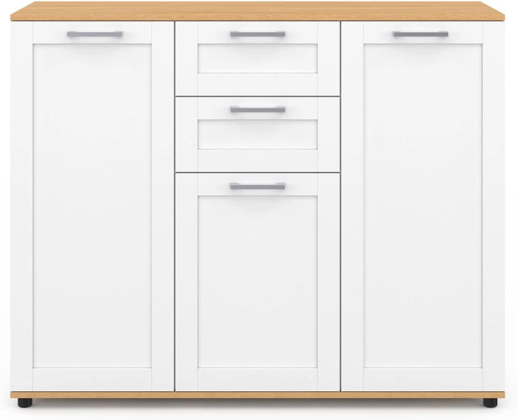 Credenza VITO 100 cm con 3 ante e 2 cassetti bianchi e piano in legno