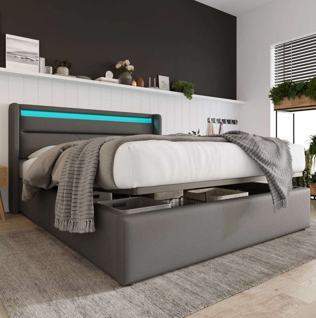 Letto matrimoniale contenitore 140x200 cm grigio con testiera illuminata e rete salvaspazio