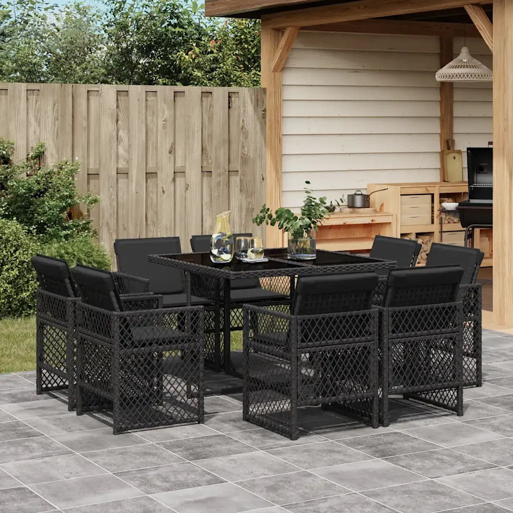 Set da Pranzo da Giardino 9 pz con Cuscini Nero in Polyrattan