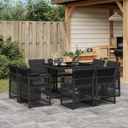 Set da Pranzo da Giardino 9 pz con Cuscini Nero in Polyrattan