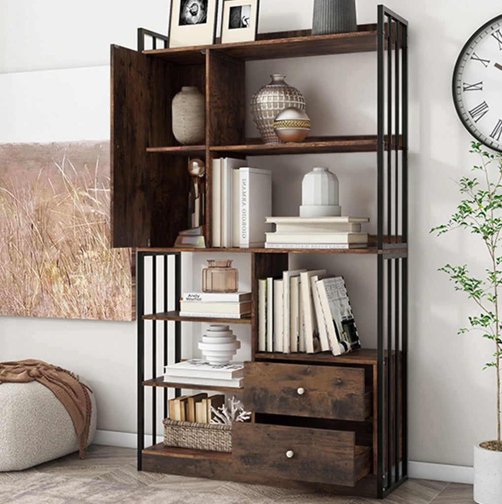 Libreria industriale 100x30x173;5 cm con ante e cassetti; effetto legno marrone nero