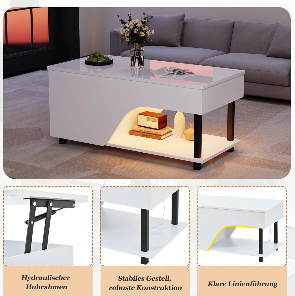 Tavolino da salotto sollevabile 50 x 100 x 46 cm in truciolare bianco con LED e vano contenitore