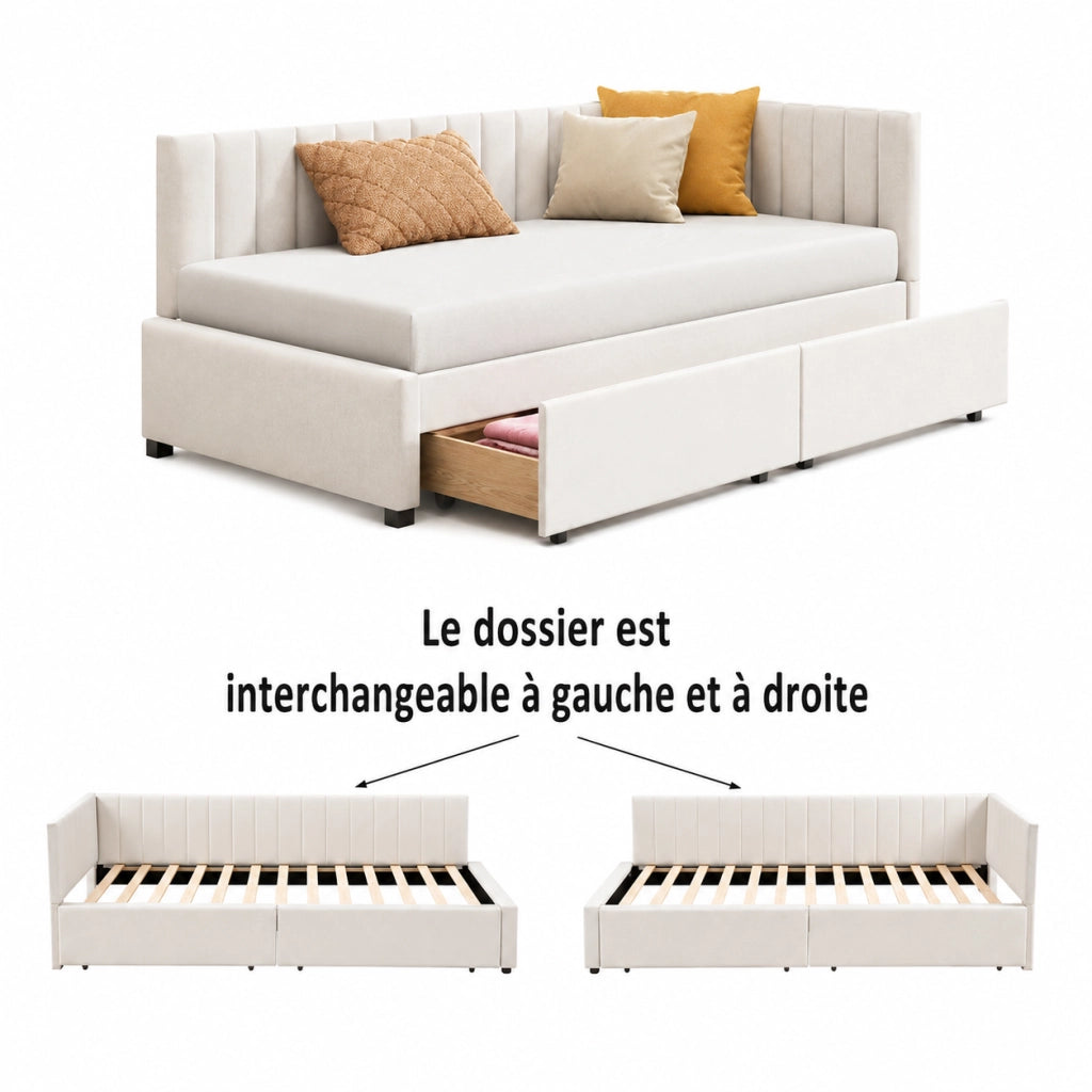 Letto imbottito 90x200 cm con 2 cassetti e rete a doghe beige