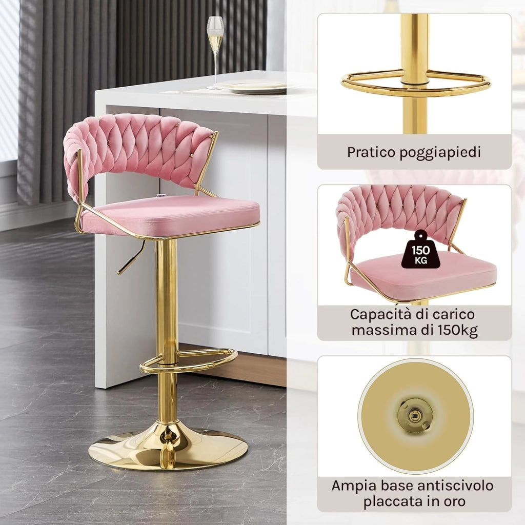Sgabelli da Cucina Set di 2, Sgabelli da Bar Girevoli Altezza Regolabile con Schienale e Poggiapiedi, Velluto, Rosa