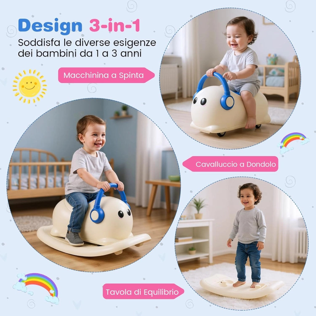 3 in 1 Cavallo a Dondolo per Bambini, Dondolo Cavalcabile con Spazio Nascosto, Ruote Scorrevoli e Tavola di Equilibrio Rimovibile, Regalo per Bambini 1-3 Anni