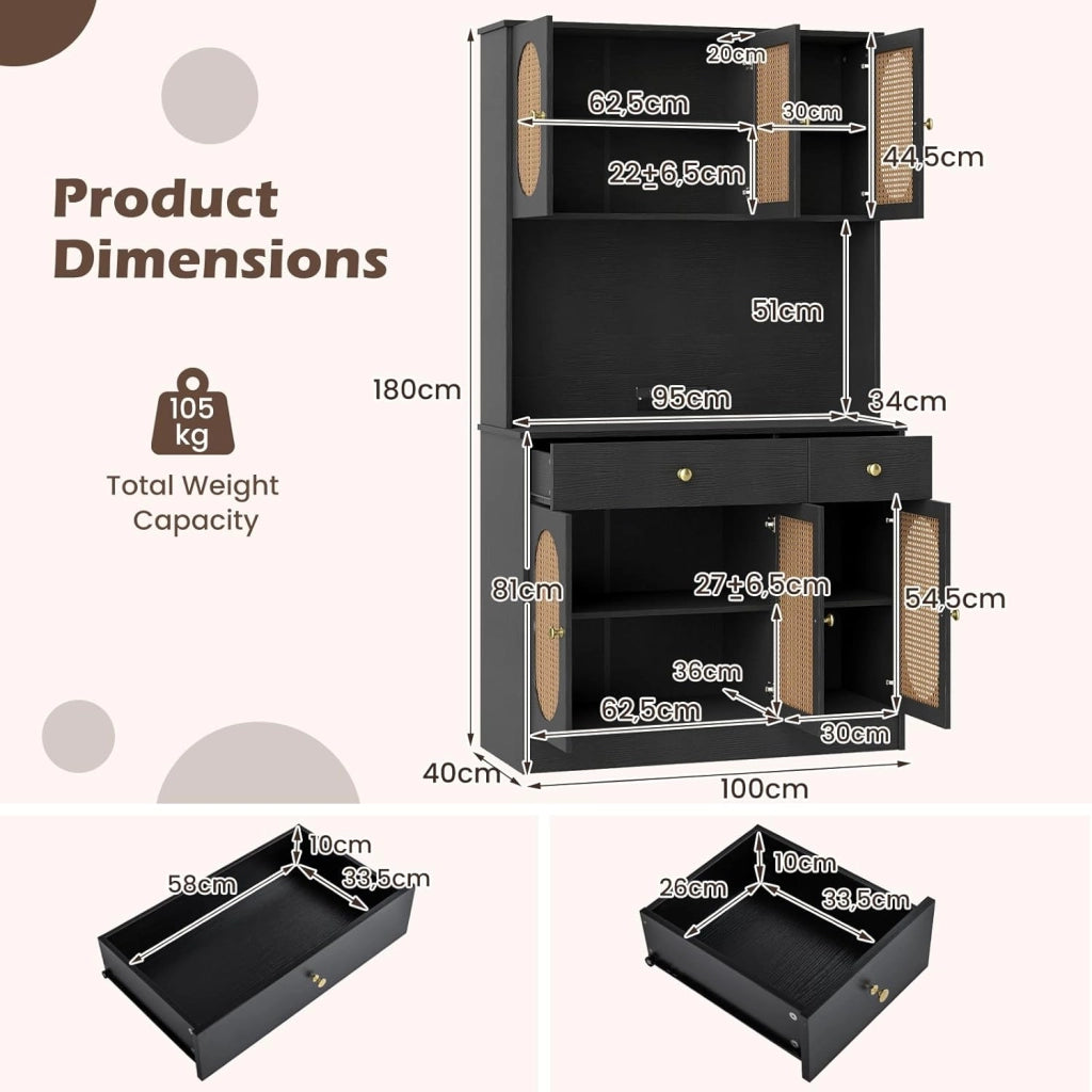 Credenza Buffet da Cucina, Armadio Alto con Ante in Rattan PE, 2 Cassetti e Stazione di Ricarica, 100 x 40 x 180 cm, Mobile Ausiliario in Legno per Sala da Pranzo, Soggiorno, Nero/Bianco