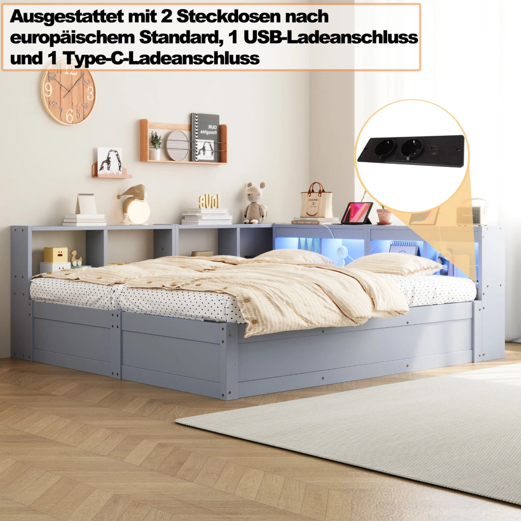 Letto combinato 90/180 × 200 cm con prese, LED, contenitore idraulico, senza materasso, in MDF, grigio