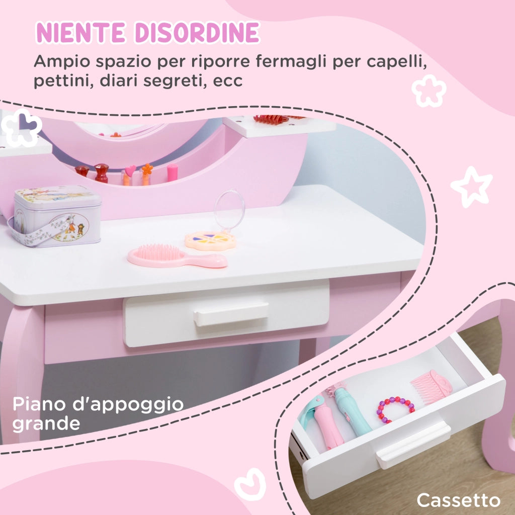 Set trucco bambini con tavolino, specchio e sgabello ¨C zephmum ¨C rosa