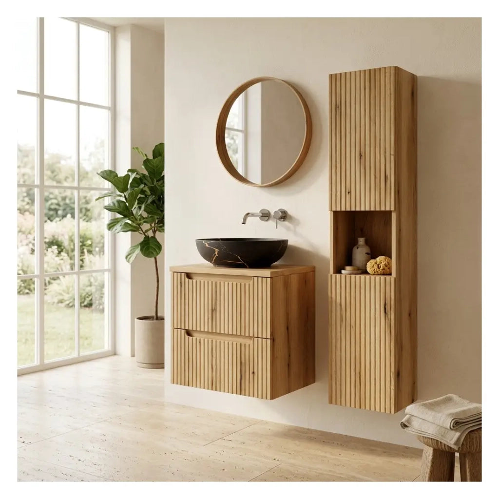 Insieme VANO rovere chiaro 90cm: mobile sottolavabo con cassetti + piano per lavabo + lavabo da appoggio nero marmorizzato + colonna