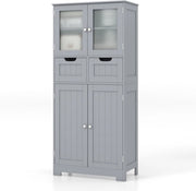 Armadio da Terra con 4 Ante, Mobile da Bagno con 2 Ante in Vetro 2 Cassetti e Ripiani Regolabili, Armadio Multifunzionale per Bagno e Soggiorno (Grigio, 60x30x128cm)