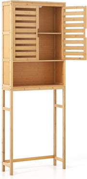 Mensola WC autoportante 3 piani in bambù, 62 x 23 x 170 cm, armadietto WC con 2 ante e vano portaoggetti aperto, per WC e bagno