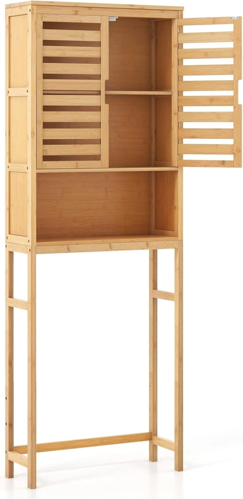 Mensola WC autoportante 3 piani in bambù, 62 x 23 x 170 cm, armadietto WC con 2 ante e vano portaoggetti aperto, per WC e bagno