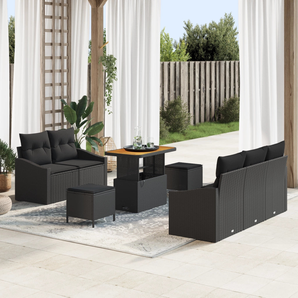 Set di Divani da Giardino  8 Pezzi con Cuscini Nero Polyrattan Acacia