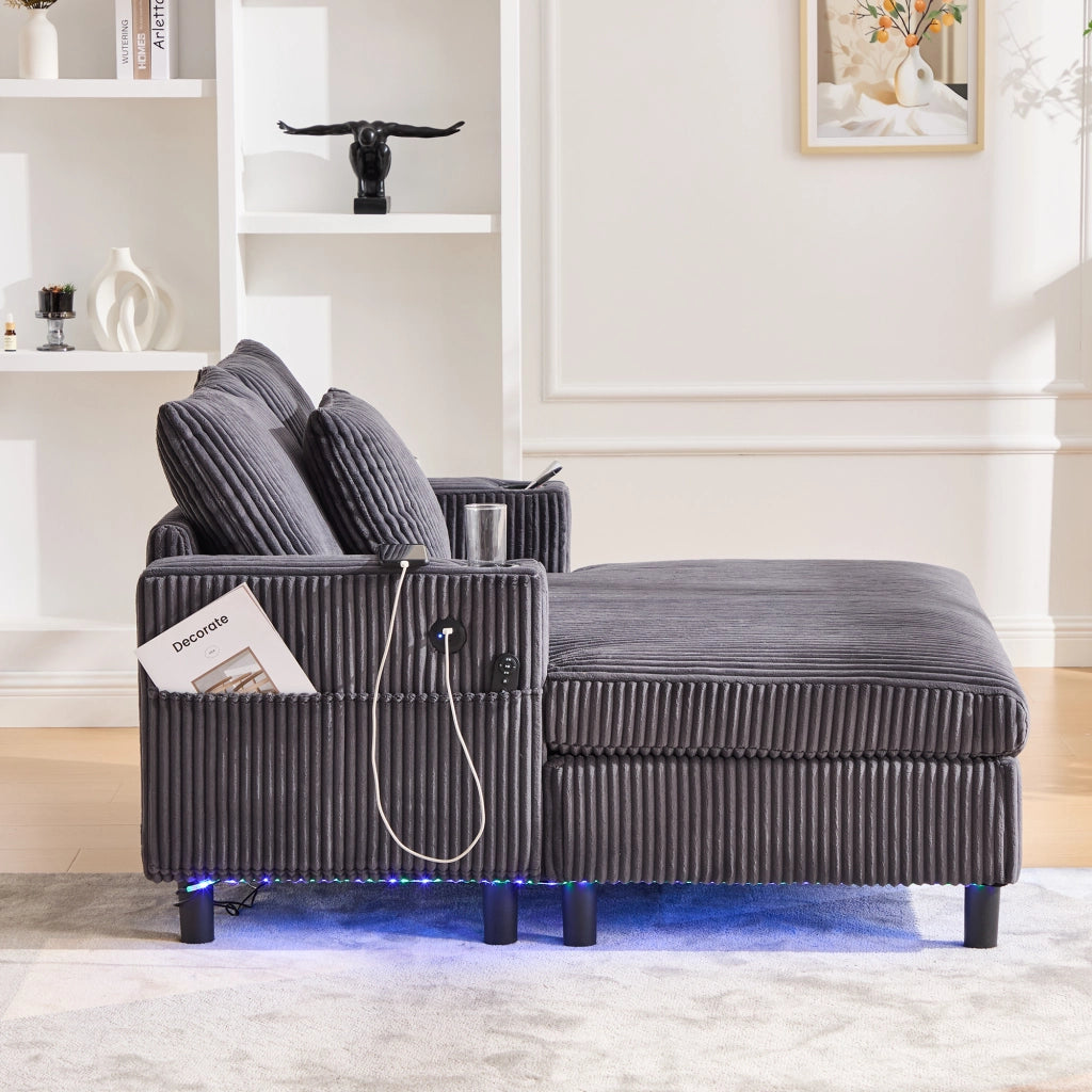 Poltrona relax Chaiselongue con LED USB e Portabicchieri in Velluto a Coste Grigio Scuro 142 × 128 × 85 cm
