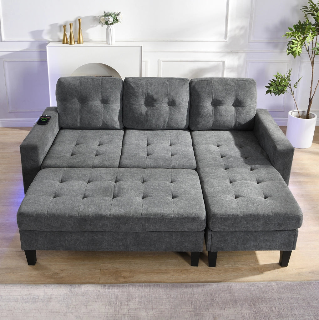 Divano letto angolare modulare con pouf XXL, LED e USB, grigio antico