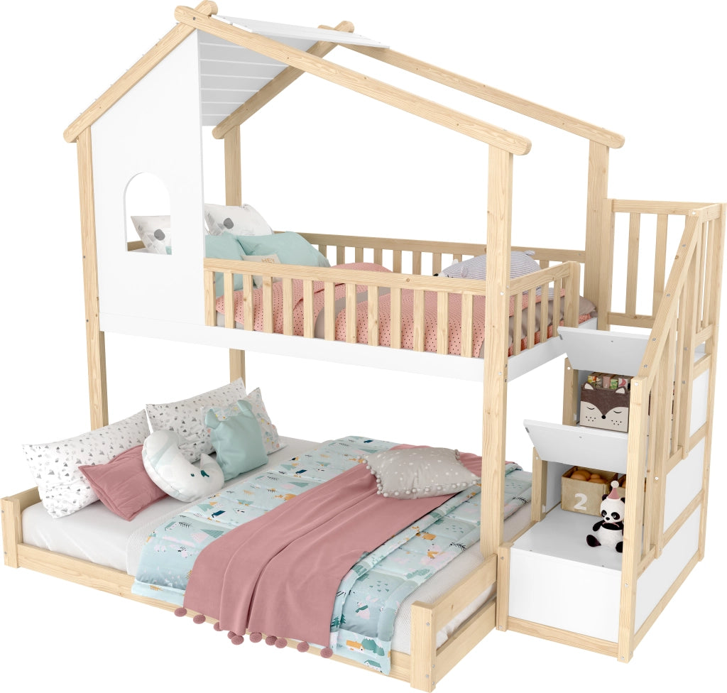 Letto a Castello 90x200 e 140x200 ¨C MINIMAL ¨C Legno Naturale e Bianco con Finestre e Contenitore