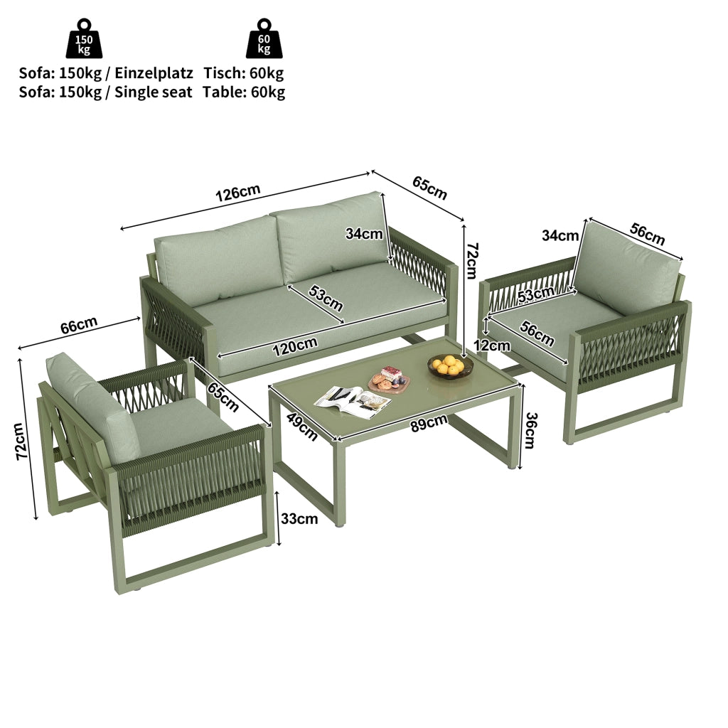 Set Lounge da Giardino 4 Pezzi in Corda con Tavolo in Vetro e Cuscini ¨C MINIMAL ¨C Verde