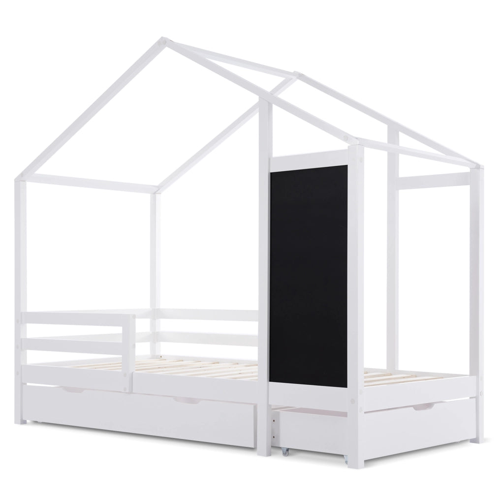 Letto a casetta 90x200 cm con lavagna e 2 cassetti; bianco