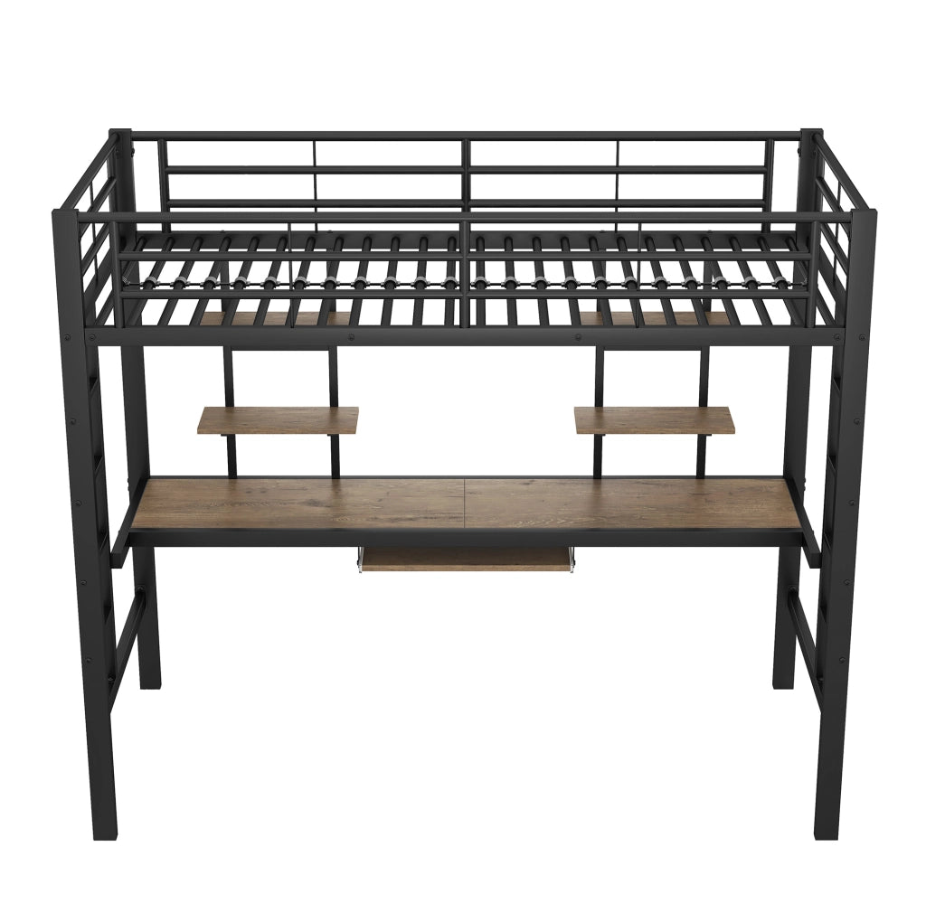 Letto a soppalco in metallo con scrivania e librerie, 90x200 cm, nero
