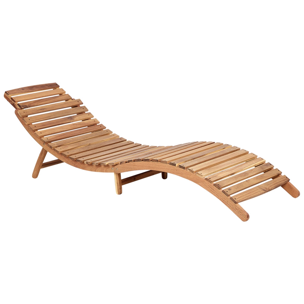 Lettino da sole in legno di acacia chiaro Cuscino Grigio Design a doghe Pieghevole Caratteristica Forma curva Giardino Patio Balcone