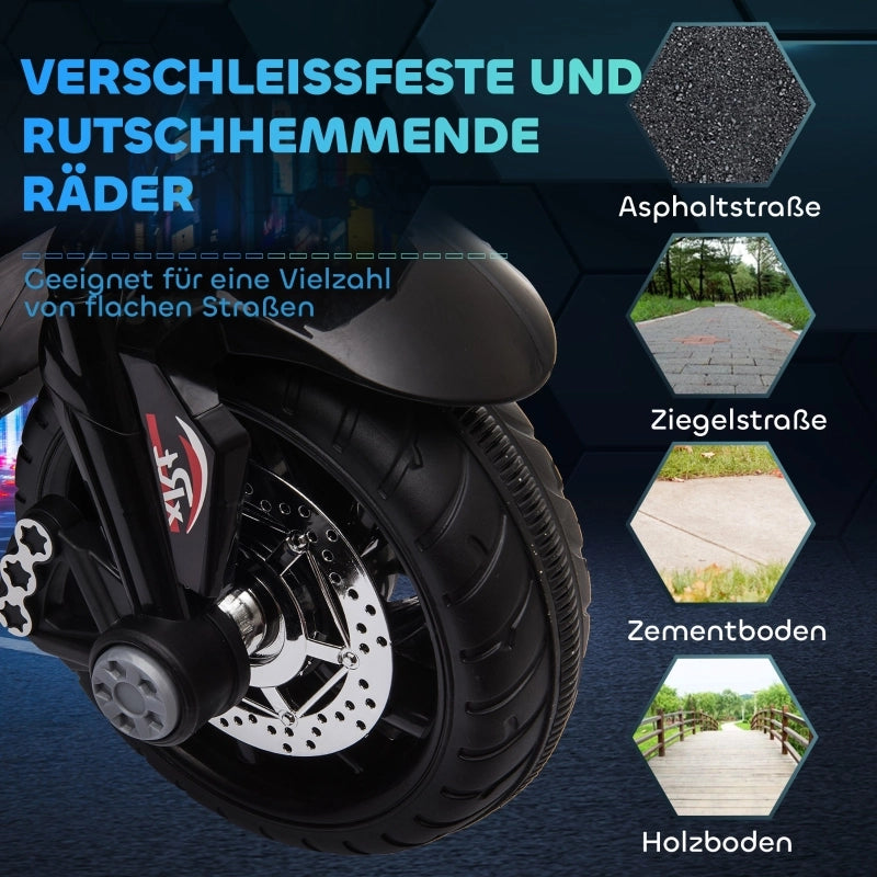 Motocicletta elettrica per bambini, con luci e suoni, 3 km/h, ricaricabile, in plastica e metallo, colore nero/bianco