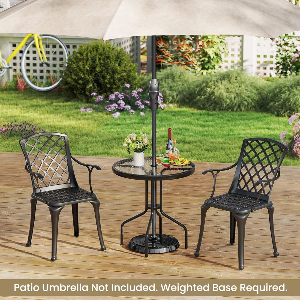 Tavolo rotondo da giardino con piano in vetro, 70 x 70 x 71 cm, tavolo da bistrot con foro per ombrellone da 4 cm, gambe in metallo resistente, tavolino per balcone, patio