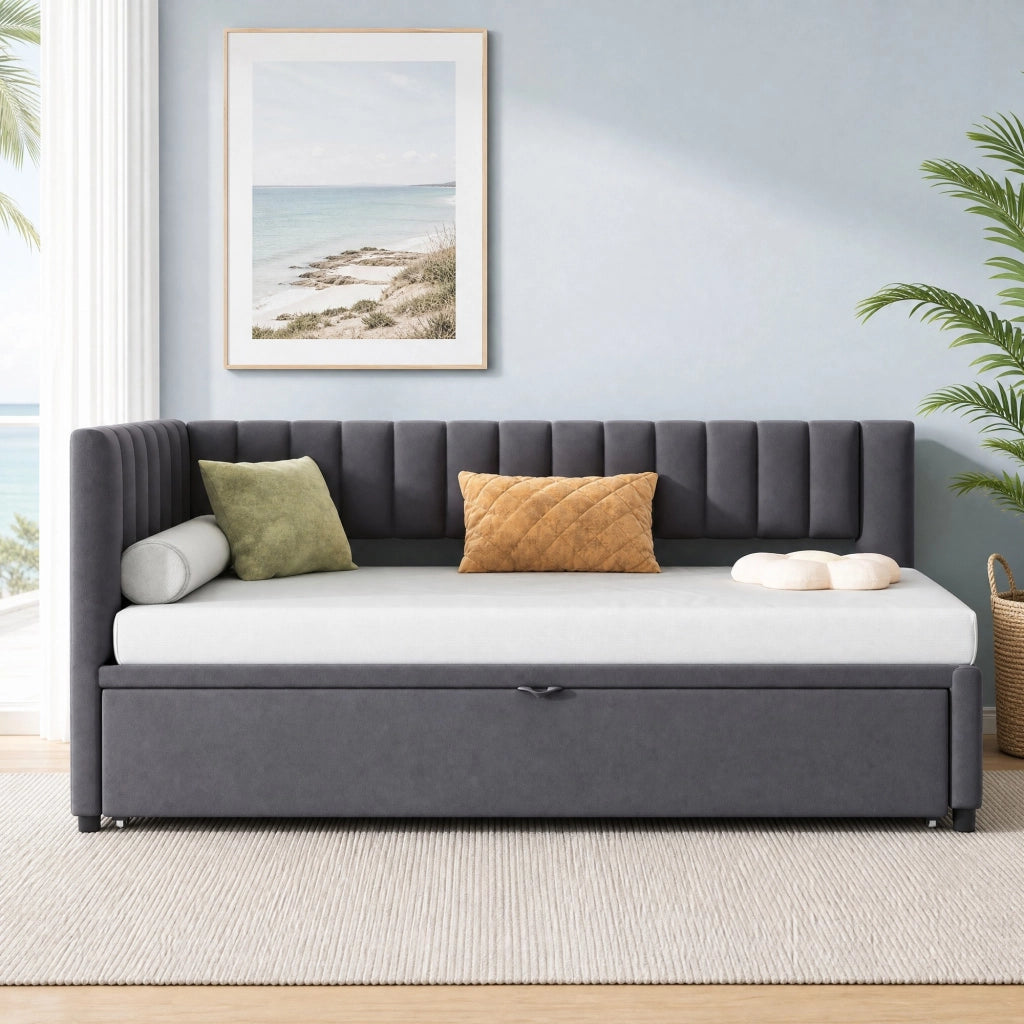 DIVANO LETTO L a scomparsa 90x200 cm in velluto grigio, letto estraibile