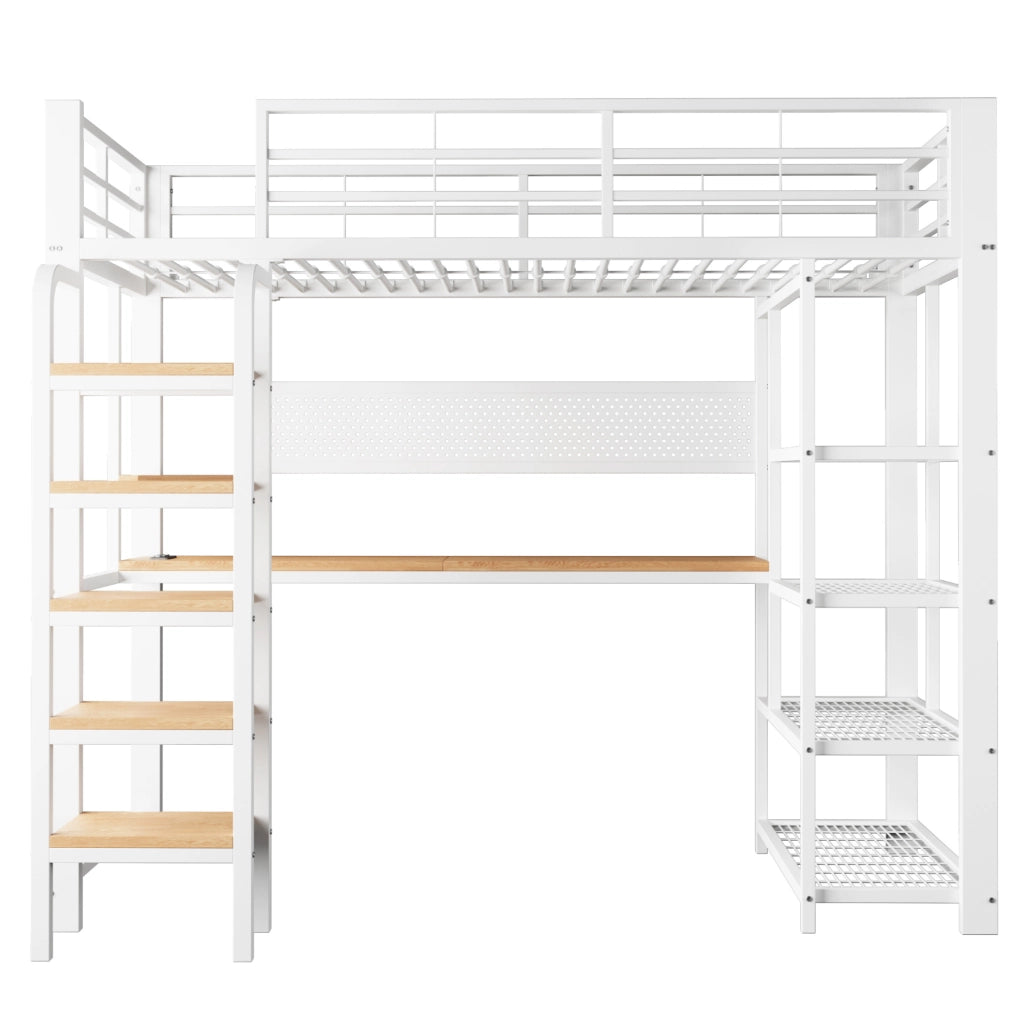 Letto a soppalco 90x200 cm con scrivania, LED e prese in ferro bianco