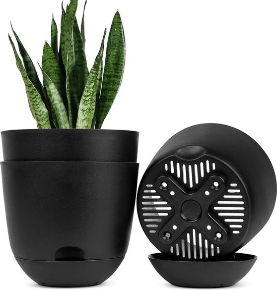 Set di vasi per piante, 3 pezzi 25 cm, vasi per piante autosigillanti, alta evacuazione con ciotola di raccolta profonda, per piante da interni e da esterni, vaso per piante, nero