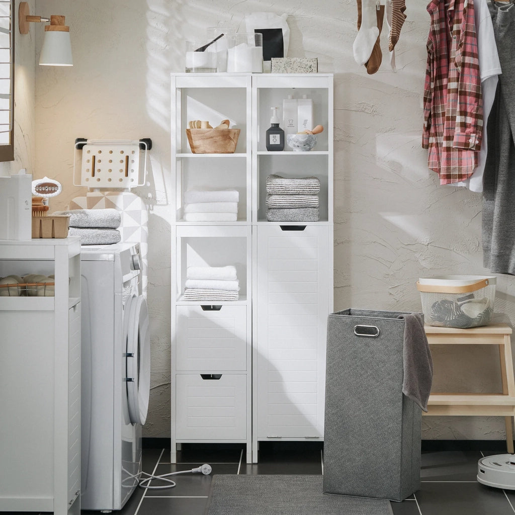 Mobile Alto Con Sacco Portabiancheria Pieghevole Mobiletto Bagno Scaffale Bianco 30x30x145cm BZR123-W SoBuy