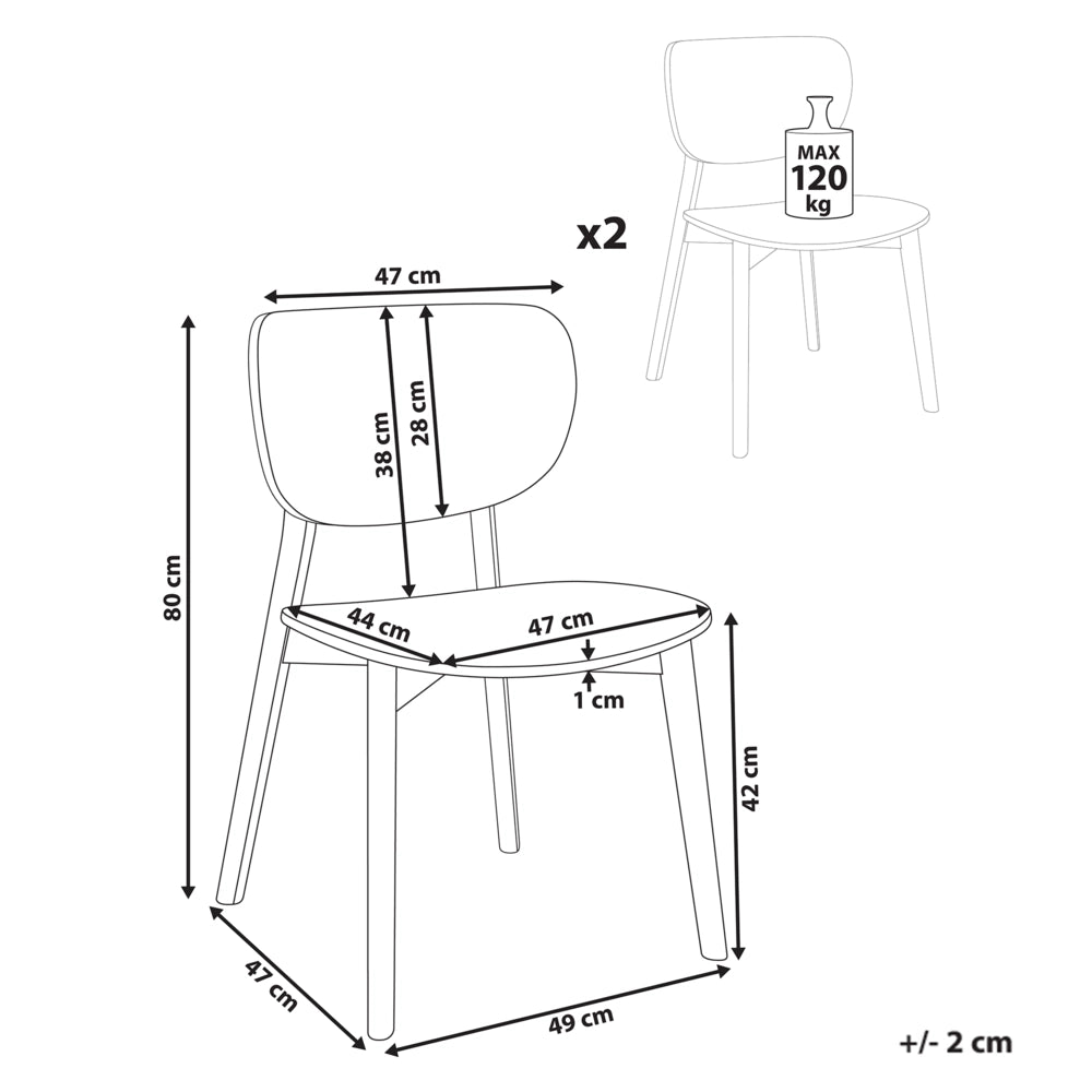 Set di 2 sedie da pranzo con struttura in legno di gomma marrone scuro, senza braccioli, design minimalista