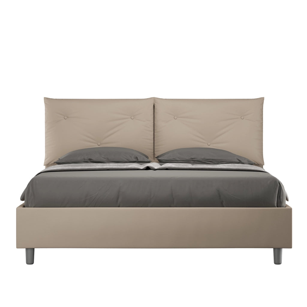 Letto Matrimoniale 160x190 cm con Rete e Contenitore con Alzata Comoda Imbottito in Similpelle Appia Tortora