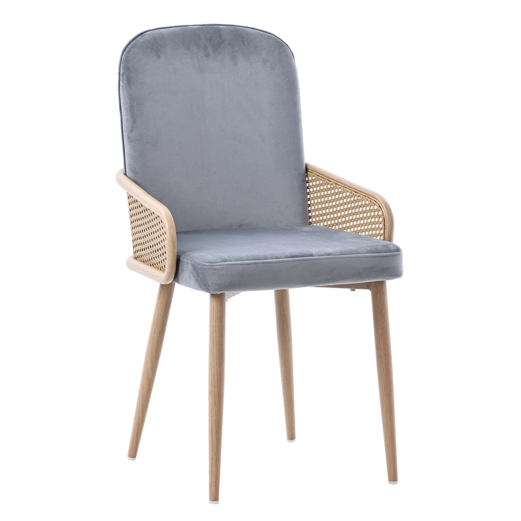 Set di 2 sedie da pranzo in velluto grigio con design Rattan e gambe in metallo effetto legno