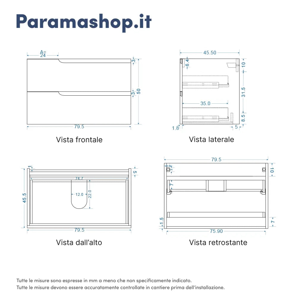 Mobile bagno sospeso 80 cm due cassetti color grigio opaco con lavabo  | Moor