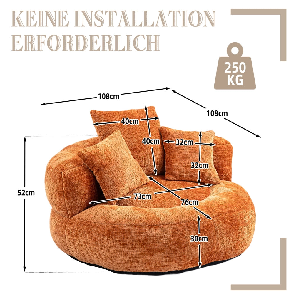 Sedia pouf lazy in chenille arancione 108x108x52 cm; con schienale alto e braccioli