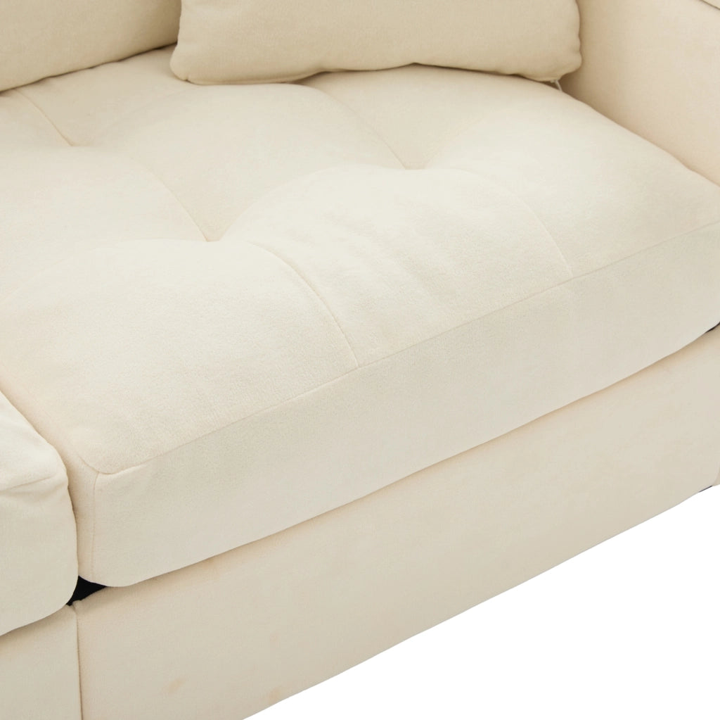 Divano 2 posti beige in ciniglia con contenitore, tasche laterali e 2 cuscini