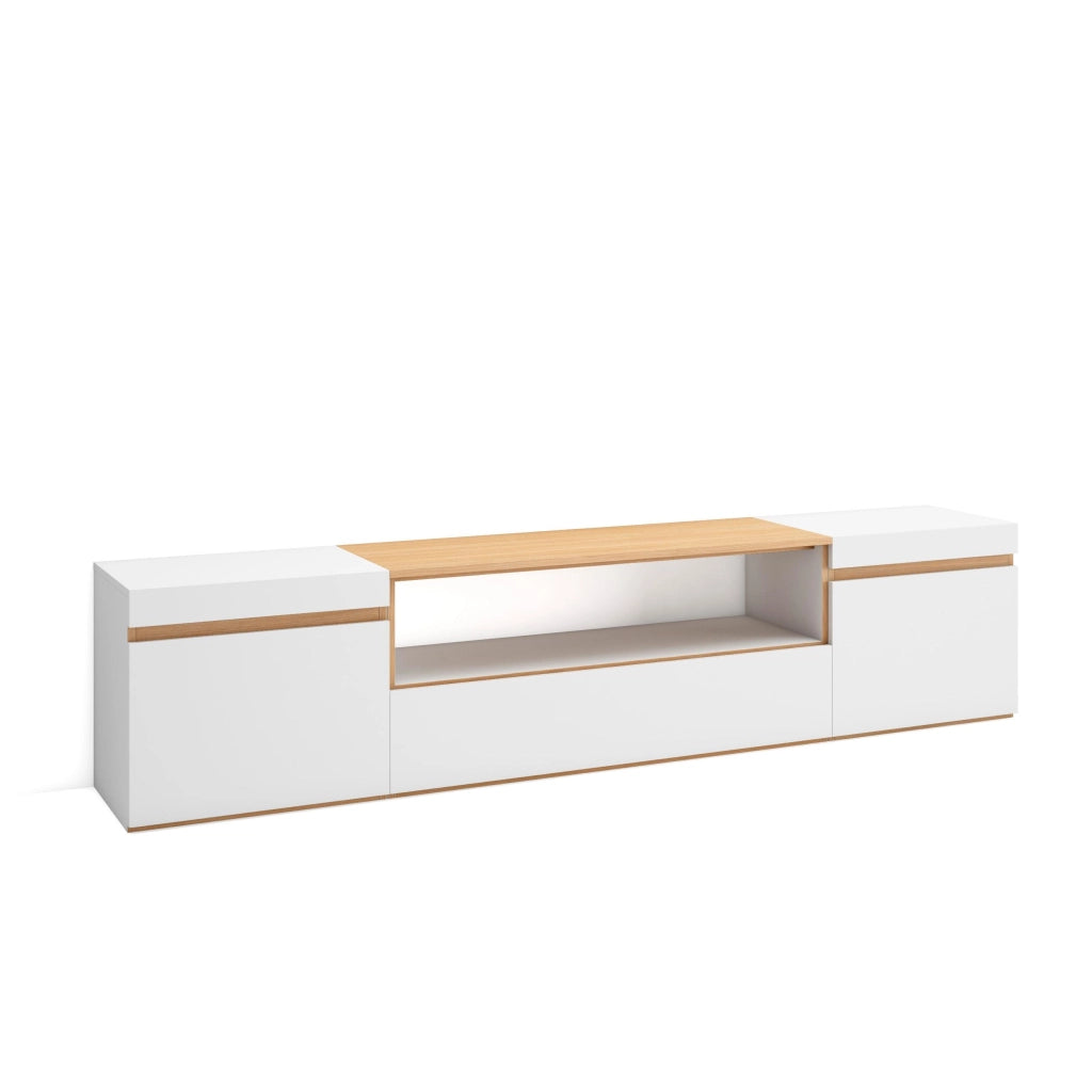 Mobile TV Soggiorno, 200x45x35cm, Per TV fino a 80", Mobile Soggiorno, Bianco e Rovere soft