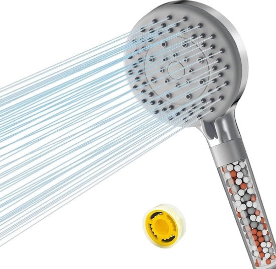 Douchekop idroeconomico - 5 tipi di getto - risparmio energetico - doccia a pioggia - aumenta la pressione - con filtro - filtrazione a 3 stadi - pietre aggiuntive - 175 GPM/min.