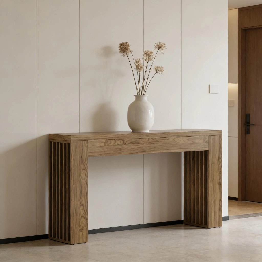 Consolle in MDF marrone stile farmhouse per ingresso e soggiorno con piano ampio e dettagli a lamelle verticali