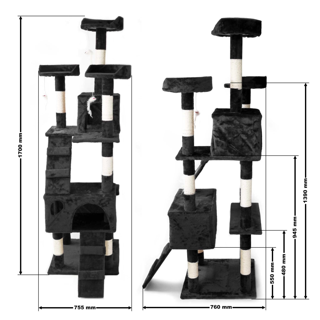 Albero tiragraffi nero 170 cm con piattaforme, cuccette e scale